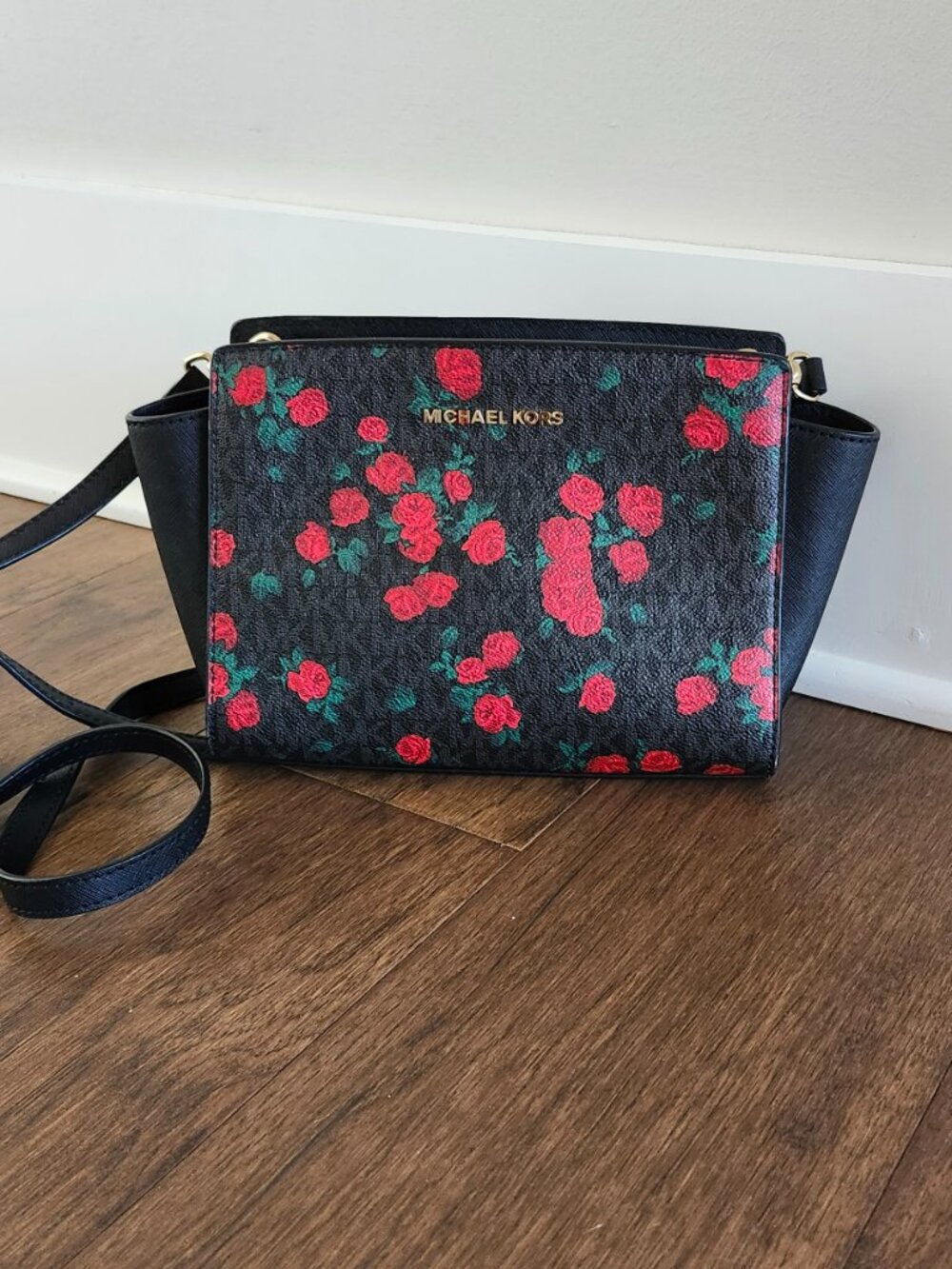 Michael Kors Mercer Medium Floral Print Leather Satchel – Black/Red – NWOT - Picture 2 of 15